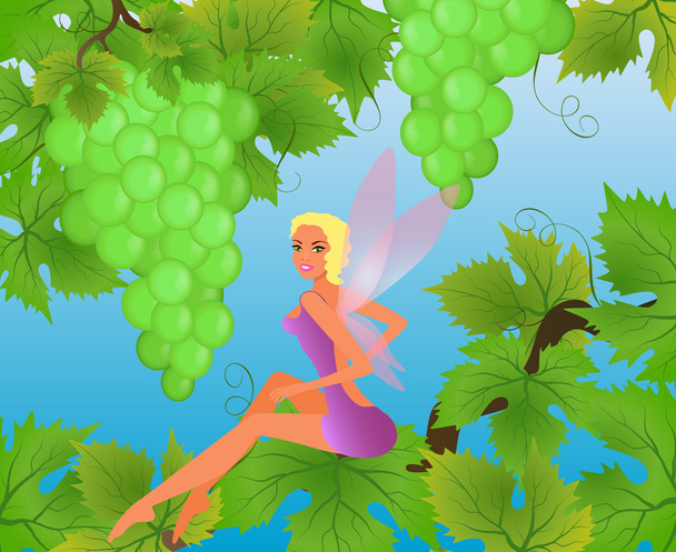 Fairytale picture - a little fairy and grapes - Вектор, зображення