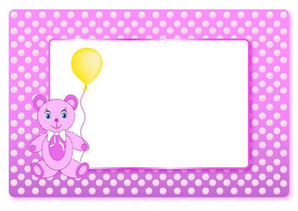 Vaaleanpunainen postikortti tytöille syntynyt vauva runko tekstiä, karhu ja ilmapallo. Vektori
. - Vektori, kuva