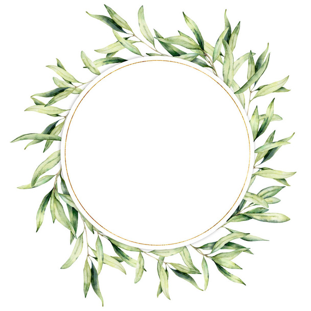 Vesiväri oliivi lehdet seppele. Käsin maalattu kukka ympyrä raja oliivipuun oksat ja lehdet eristetty valkoisella pohjalla. Suunnittelua, painamista ja kangasta varten
. - Valokuva, kuva
