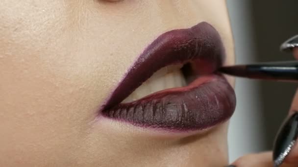 Saftige dunkelschwarz-rote Lippen werden mit speziellem Pinsel-Lippenstift und Lipgloss geschminkt, der von einem professionellen Make-up-Artist aufgetragen wird. High Fashion, Mädchen Modell Lippen Nahaufnahme - Filmmaterial, Video