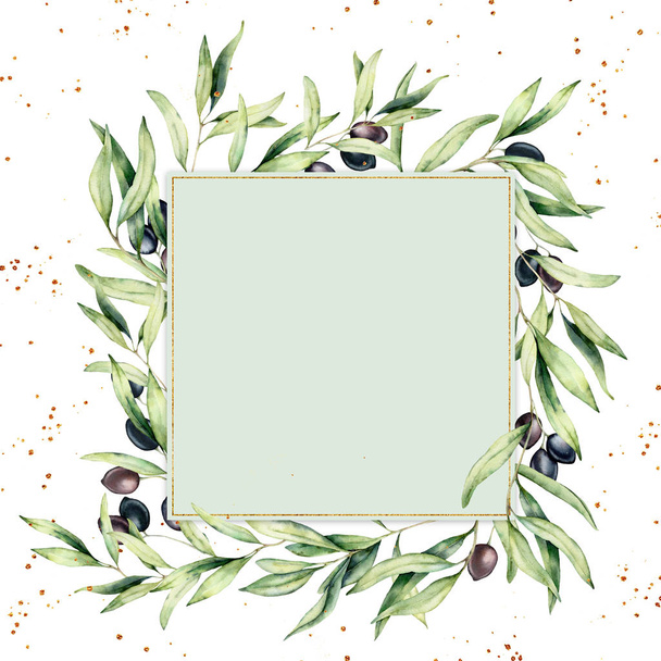 黒と緑のオリーブベリーと水彩画の境界線。白い背景に隔離されたオリーブの枝を持つ手描きの植物カード。デザイン、プリント、ファブリックまたは背景のための花のイラスト. - 写真・画像