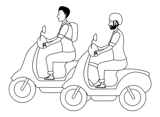 Ihmiset ratsastus skootterit moottoripyörät sarjakuva mustavalkoinen
 - Vektori, kuva