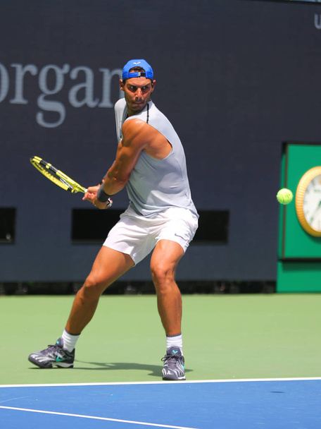 NEW YORK - AUGUST 20, 2019: 18-time Grand Slam champion Rafael Nadal of Spain practices for the 2019 US Open at Billie Jean King National Tennis Center - 写真・画像