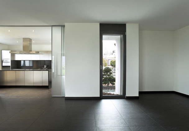 View from kitchen of a new apartment, gray furniture - Fotoğraf, Görsel