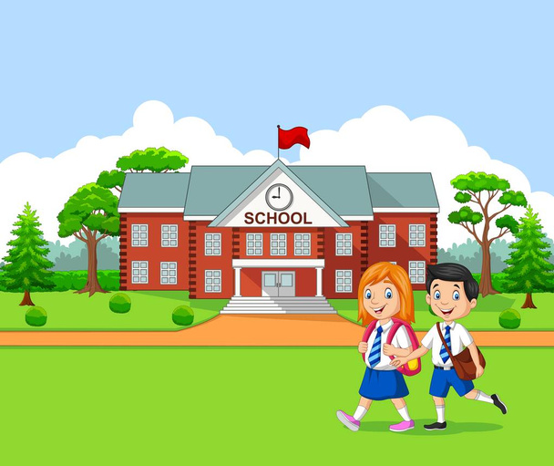Векторная иллюстрация счастливых маленьких детей, идущих в школу
 - Вектор,изображение