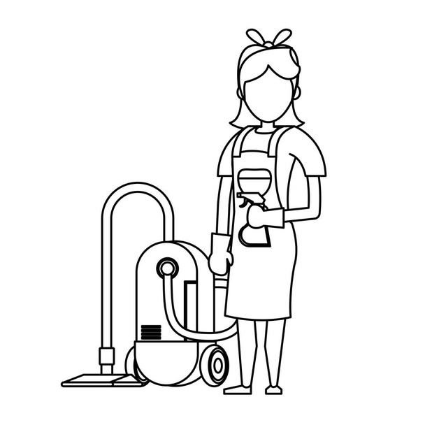 Trabalhador mais limpo com produtos de limpeza e equipamentos em preto e branco
 - Vetor, Imagem