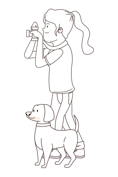 Έφηβος χαμογελάει και περπατάει το σκυλί καρτούν σε μαύρο και άσπρο - Διάνυσμα, εικόνα