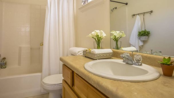 Panorama Acogedor cuarto de baño interior decorado con exuberantes plantas verdes y flores blancas
 - Foto, Imagen