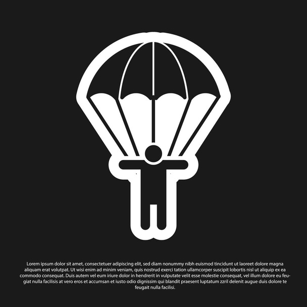 Siyah paraşüt ve siluet kişi simgesi siyah arka plan üzerinde izole. Vektör İllüstrasyonu - Vektör, Görsel