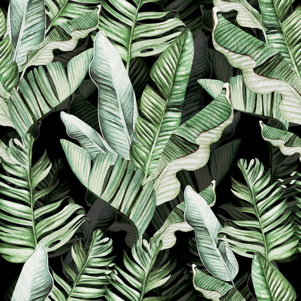 Beautiful watercolor seamless pattern with tropical leaves and banana leaves.  - Фото, зображення