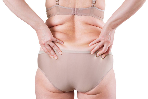 Fat woman back in underwear isolated on white background - Zdjęcie, obraz