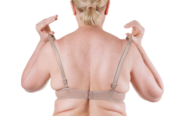 Ожирение женское тело, жирная женщина сзади изолированы на белом фоне
 - Фото, изображение
