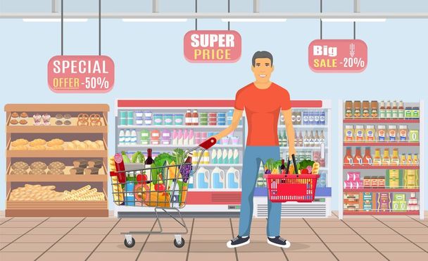 Young man shopping for groceries - Vector, Image