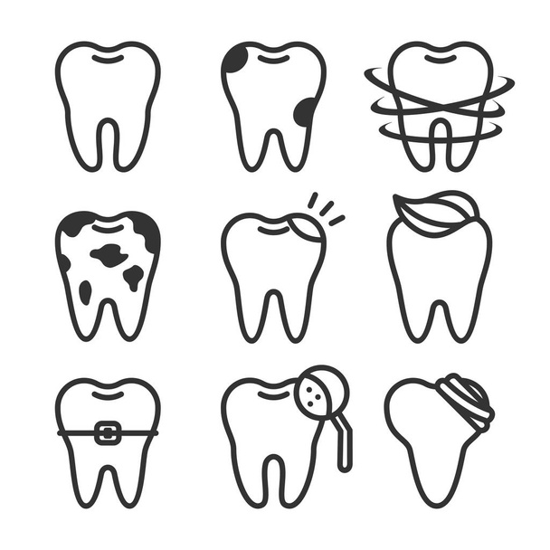 Cute teeth line style vector set with different tooth conditions - Vector, Image