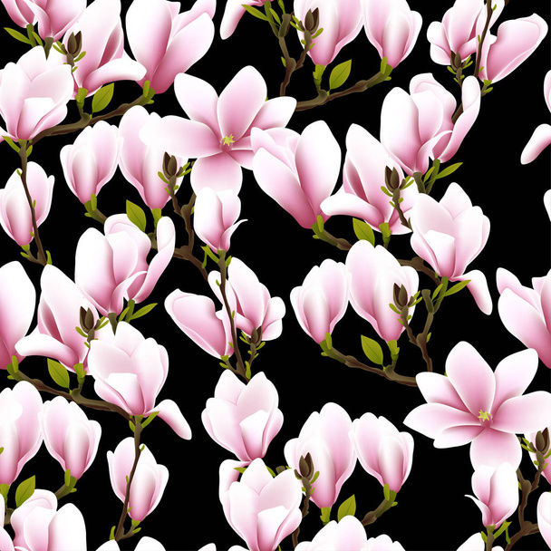 Colorful vector illustration colorful magnolia flowers pattern on black background - Vetor, Imagem