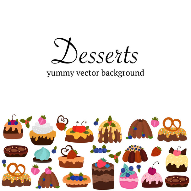 Gebak, bakkerij, koekjes en desserts hand getekende vector illustratie. Cartoon café menu, banner, Cookbook pagina met een kopie ruimte - Vector, afbeelding