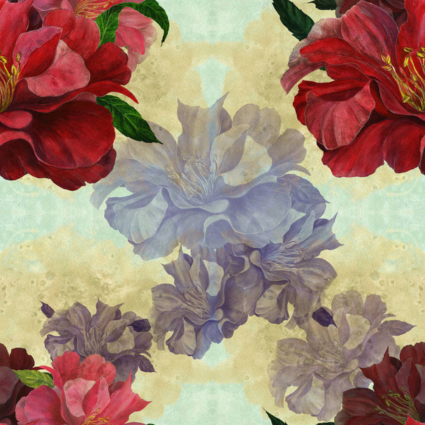 Flowers of peonies on the background of watercolor. Seamless background. Collage of flowers and leaves.  Use printed materials, signs, objects, websites, maps. - Photo, Image