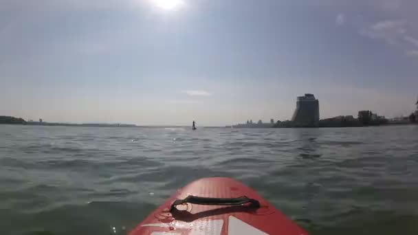 Rowing on a SUP board. SUP board on the background of the sun. Sunrise. Man paddle on a SUP board in the city. - Footage, Video