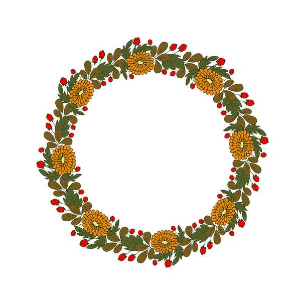 Summer. Autumn. Floral wreath on a white background. Wreath of orange flowers, green leaves and red berries. Vector illustration. - Vektor, obrázek