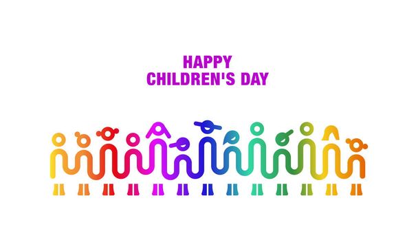 手をつないでいる子供たち。シンプルな子供のシルエットのワンラインアート。幸せな子供の日のためのミニマルなキッズコンセプト. - ベクター画像