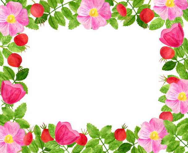 Aquarel Rose heupen, bloemen, groene bladeren rechthoekige frame. Hand getekende Floral sjabloon voor poster, uitnodiging, wenskaarten, decoratie, bruiloft design. - Foto, afbeelding