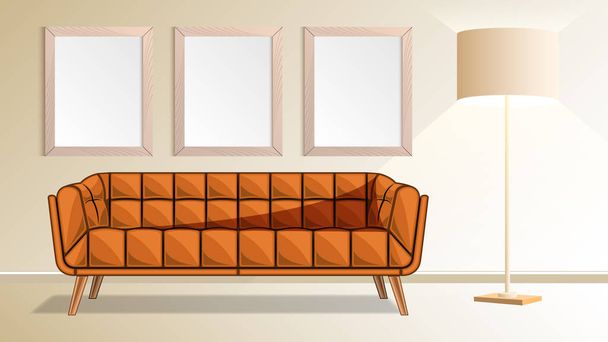 Sofa, Holzrahmen an Wand und Stehlampe im Wohnzimmer. - Vektor, Bild