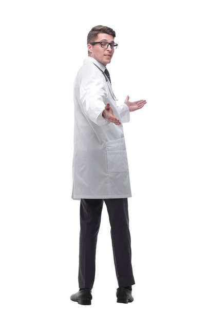 confident doctor therapist looking at white screen. isolated on white - Fotó, kép