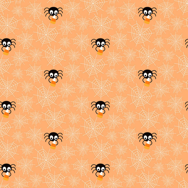 Hand drawn seamless vector pattern with cute spiders with corn candies and webs on orange background. Kawaii style flat design. Concept Halloween textile print - Vector, Image