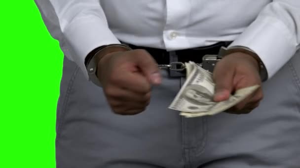 Άνθρωπος με χειροπέδες κρατώντας χρήματα σε πράσινη οθόνη. - Πλάνα, βίντεο
