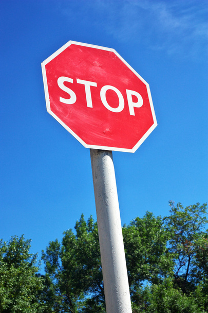 Stop merkki, jossa puut ja taivas
 - Valokuva, kuva