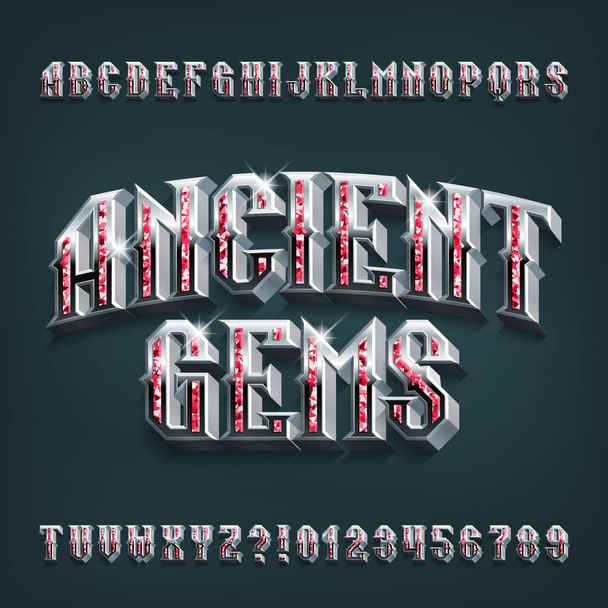 Ancient Gems 3D alphabet font. Vintage silver letters and numbers with shadow. Stock vector typescript for your design. - ベクター画像