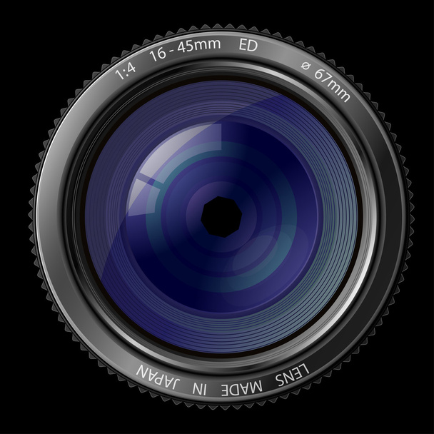 Векторні ілюстрації об'єктива камери з реалістичними відображеннями на чорному тлі
 - Вектор, зображення
