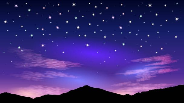 Night starry sky and pink clouds. - Vector, Image