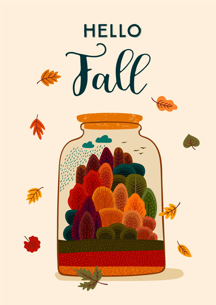 秋の森と秋のデザイン。カード、ポスター、チラシ、カバー、その他の使用のためのベクターテンプレート. - ベクター画像