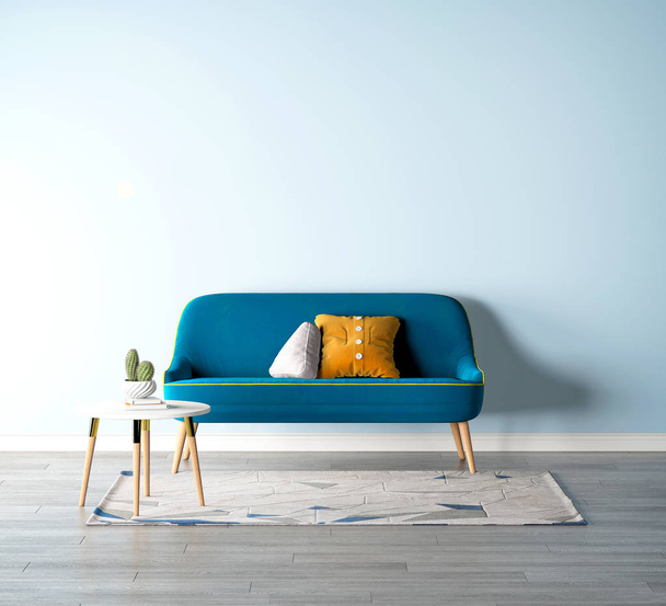 3d renderöinti sininen sohva ja sohvapöytä
 - Valokuva, kuva