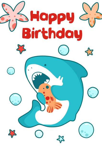 Sea card for children birthday. Cute baby illustration of a shark eats fish - Foto, afbeelding