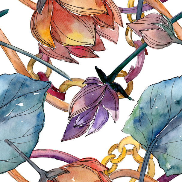 Lotus floral botanical flowers. Watercolor background illustration set. Seamless background pattern. - Фото, зображення