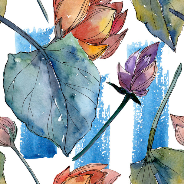 Lotus bloemen botanische bloemen. Aquarel achtergrond illustratie instellen. Naadloos achtergrond patroon. - Foto, afbeelding