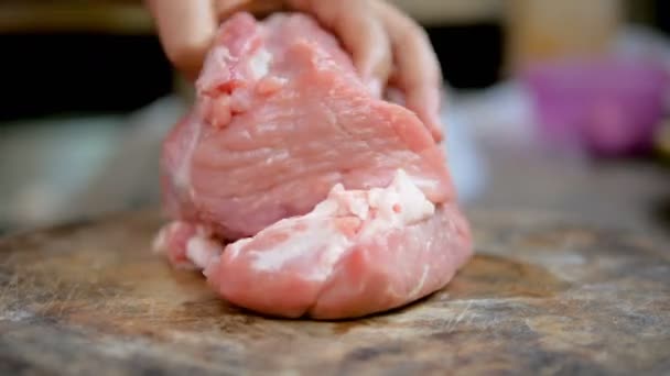 Mani di donne che usano un coltello da cucina affettato di maiale sul tagliere per cucinare
. - Filmati, video
