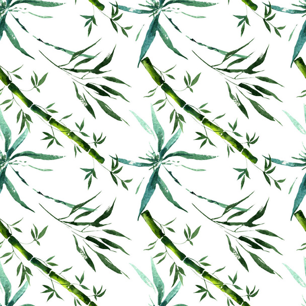 Hojas y tallos de bambú verde. Conjunto de ilustración de fondo acuarela. Patrón de fondo sin costuras
. - Foto, Imagen