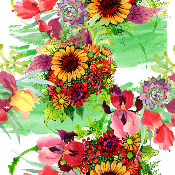 Buket çiçek botanik çiçek. Suluboya arka plan illüstrasyon seti. Kesintisiz arka plan deseni. - Fotoğraf, Görsel