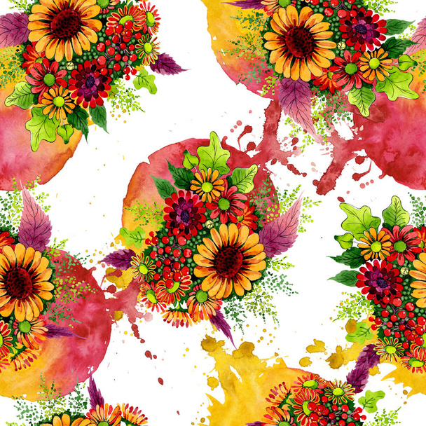 花束花植物の花。●水彩背景イラストセット。シームレスな背景パターン. - 写真・画像