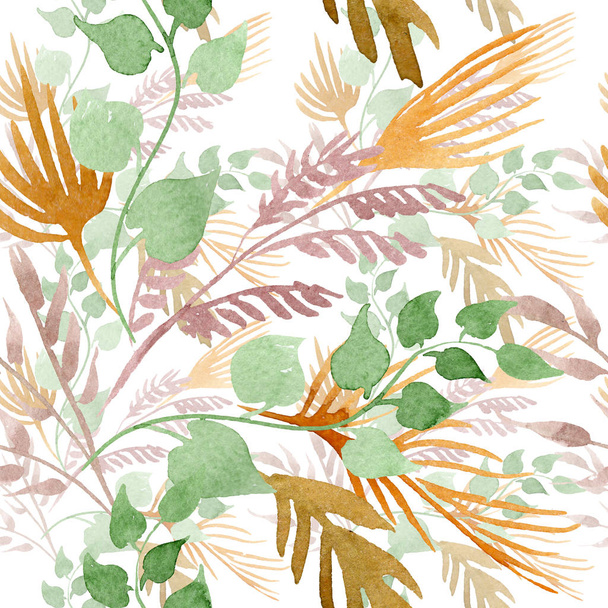 Leaf plant botanical garden floral foliage. Watercolor illustration set. Seamless background pattern. - Фото, изображение