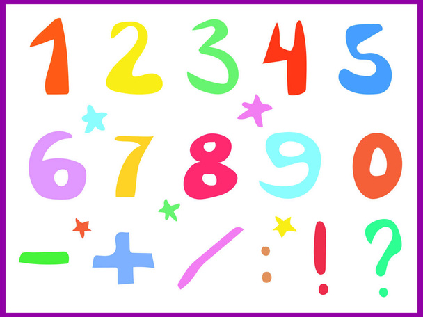 子供の創造性とデザインのためのカラフルな数字と看板のベクトルセット。白い背景に数学的な多色記号と数字 - ベクター画像