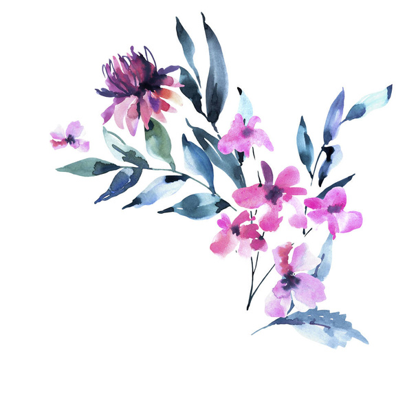 水彩画ヴィンテージライラックターコイズの花、ワイルドフラワー。自然 - 写真・画像
