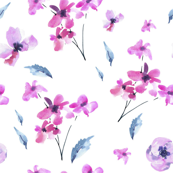 Watercolor Seamless Pattern of Vintage Tiny Magenta Flowers, Wil - Photo, Image