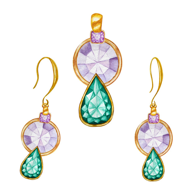 Green emerald drop, purple square crystal gemstone beads with gold element. Watercolor drawing golden Pendant and earrings on white background. Beautiful jewelry set. - Photo, Image