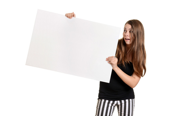 Adolescente chica con blanco grande tarjeta blanca
 - Foto, Imagen