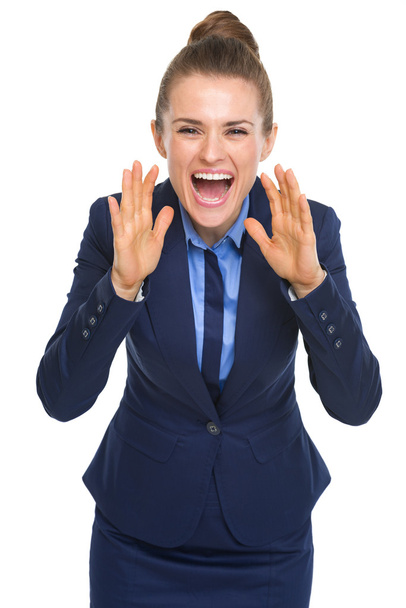 Kéz alakú megafon keresztül kiabálva boldog üzletasszony - Fotó, kép