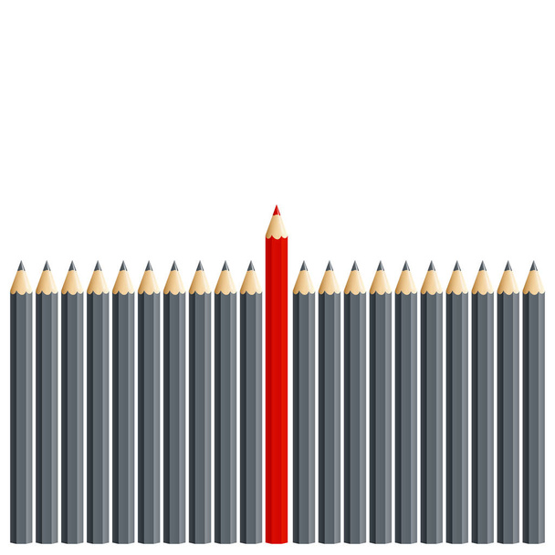 Gray pencils in a row, red pencil above - Vector, Image